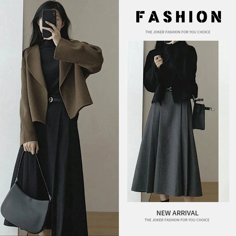 早春一整套女装2025新款韩版气质毛呢短外套显瘦百褶半身裙两件套