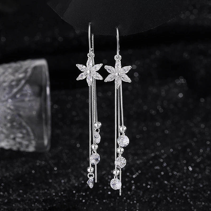 s990纯银长款超闪小花流苏耳线女新款韩版轻奢感气质百搭耳环女