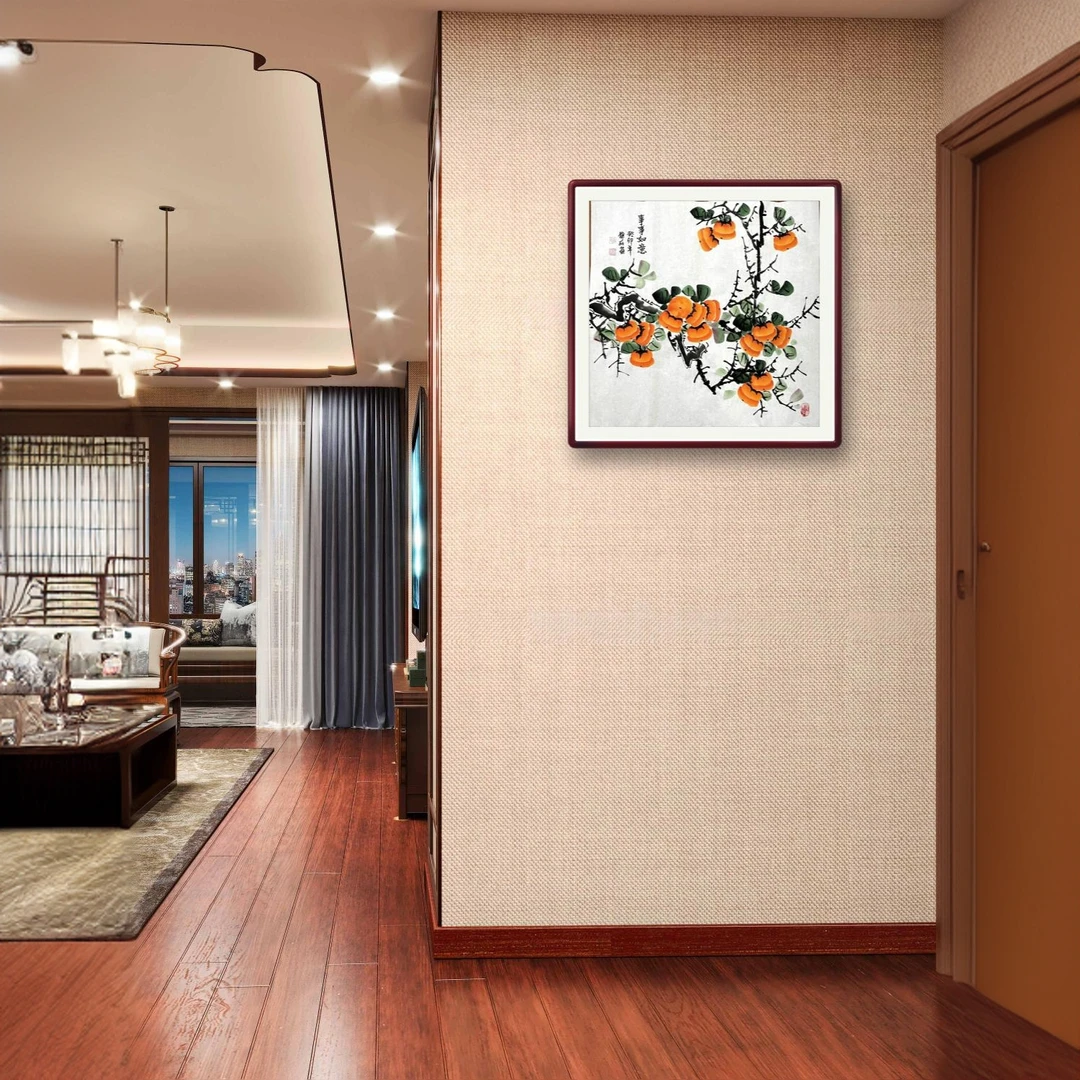 手工画手绘国画柿柿如意寓意好柿子事事如意客厅餐厅卧室装饰挂画
