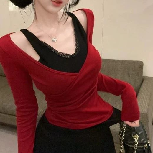 纯欲辣妹性感撞色V领蕾丝拼接长袖T恤巨好看褶皱假两件修身显上衣