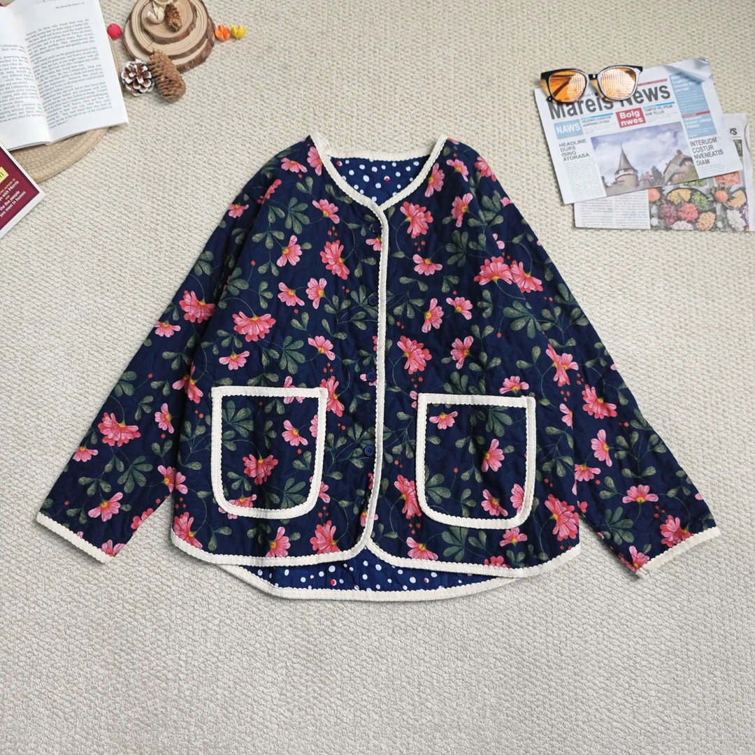 2025早春新款时尚百搭卡通印花碎花加厚长袖厚外套9143