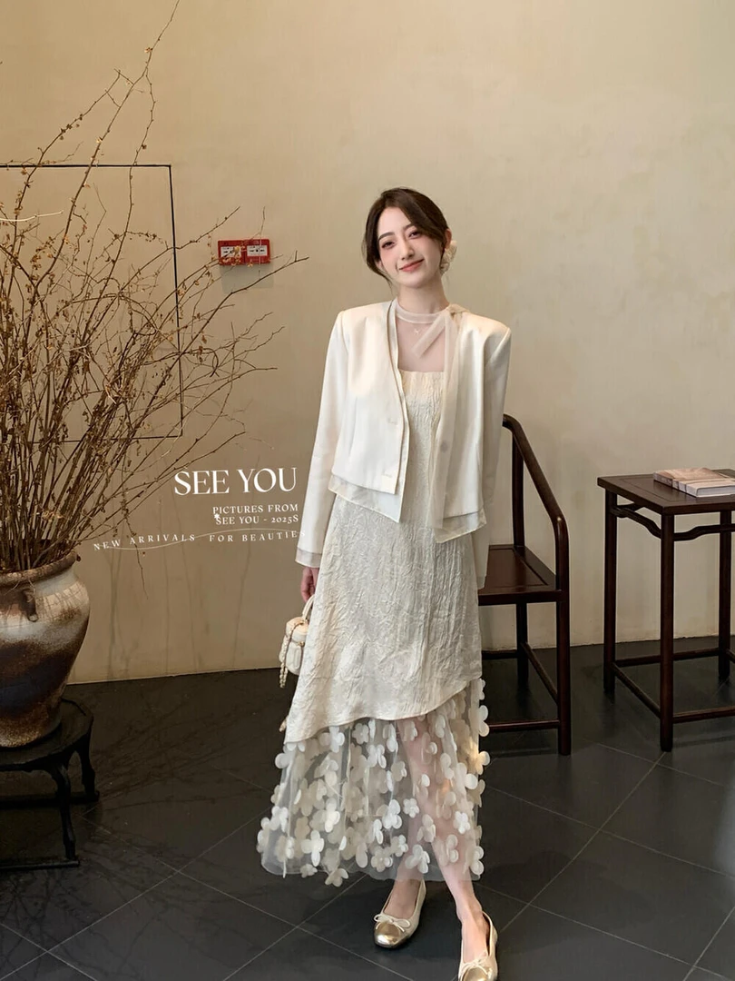 法式浪漫别致拼接气质连衣裙女收腰显瘦温柔长裙搭配外套两件套