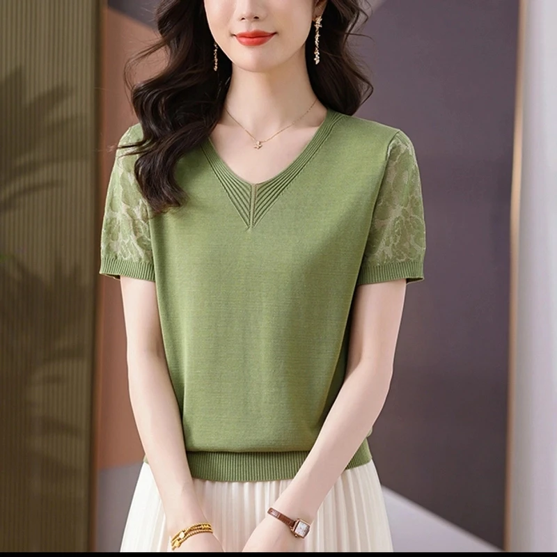 莱赛尔中年妈妈装夏季凉快降温短袖中年女性抗汗渍不贴身V领上衣