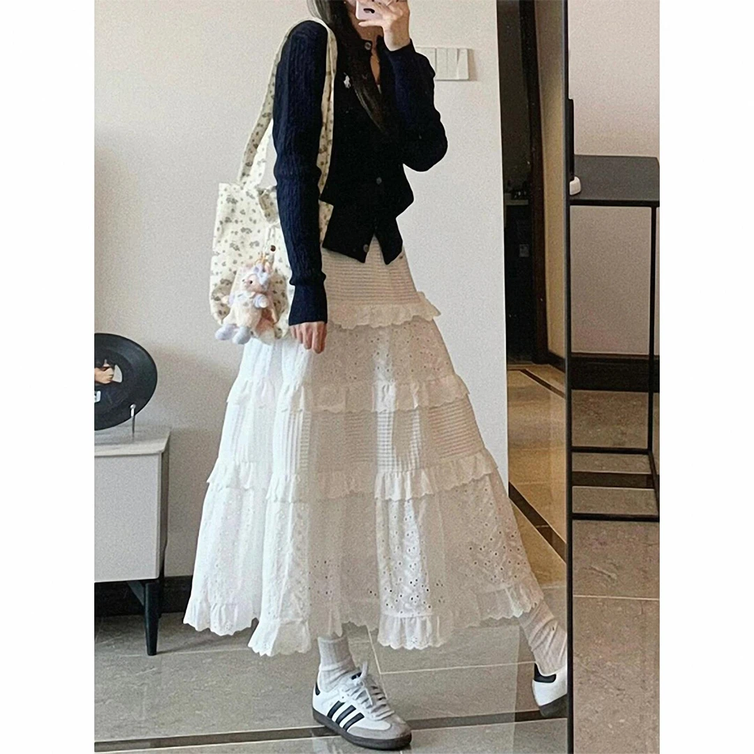 白色蕾丝花边半身裙女夏季新款胖妹妹mm高腰显瘦钩花a字裙蛋糕裙