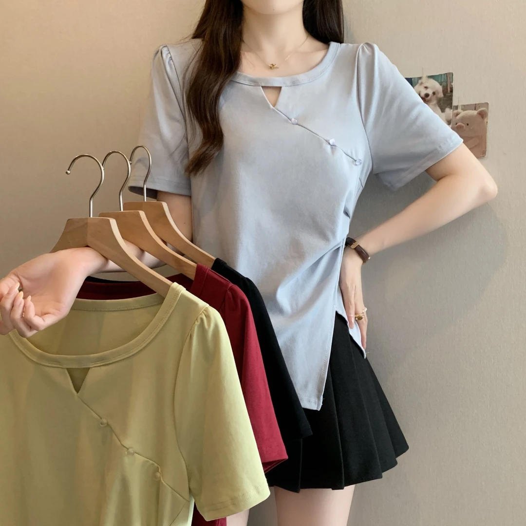 胖MM洛 D25043大码女夏季圆领正肩修身洋气设计感别致显瘦上衣