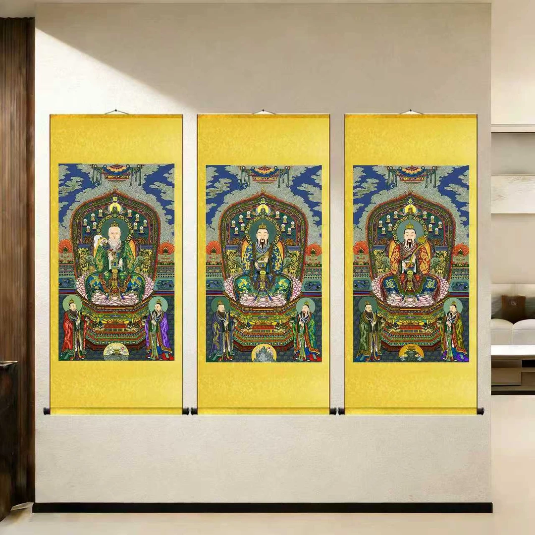 三清道祖太上老君灵宝天尊丝绸卷轴挂画高清墙画道场高档装饰画像