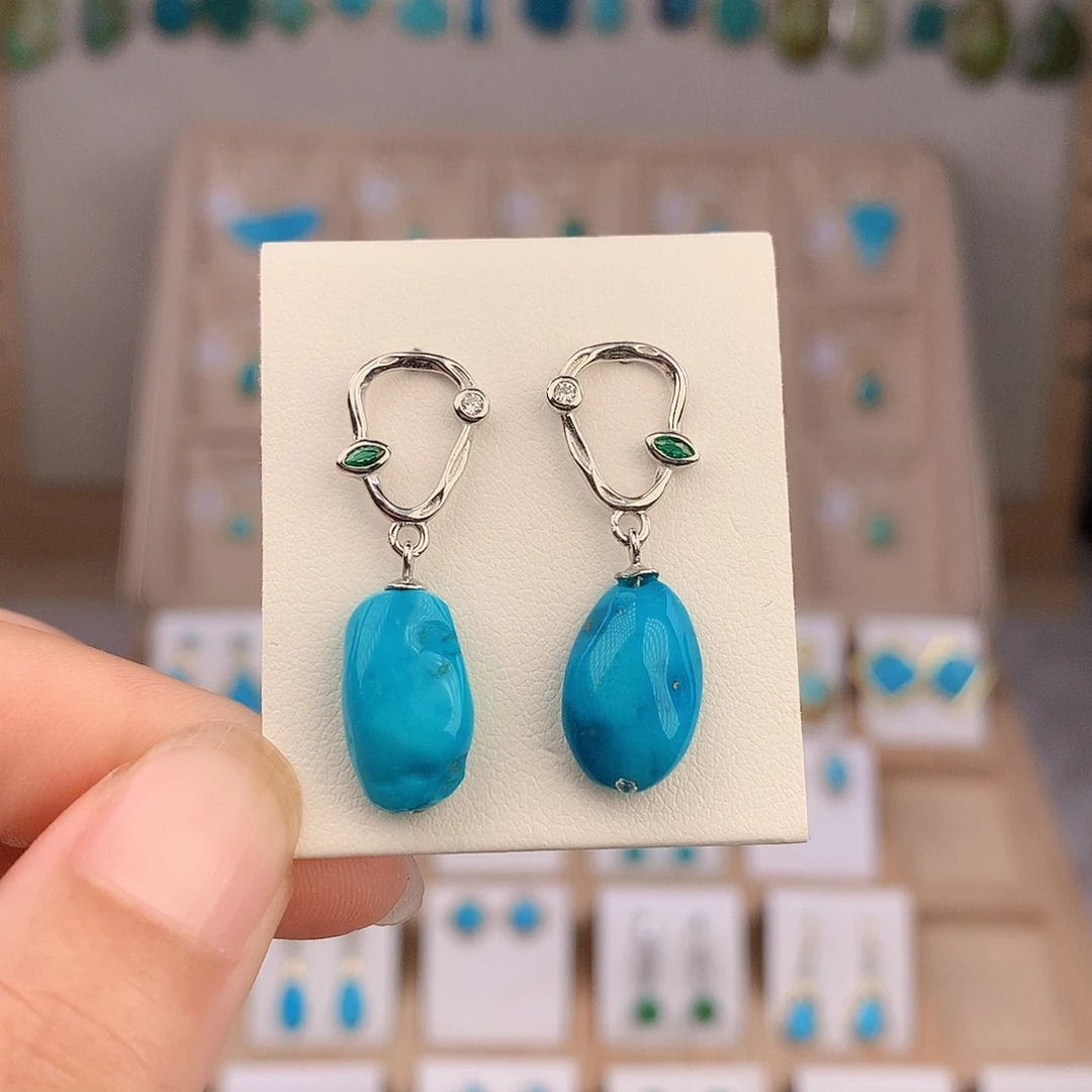 绿松石银S925镶嵌耳饰