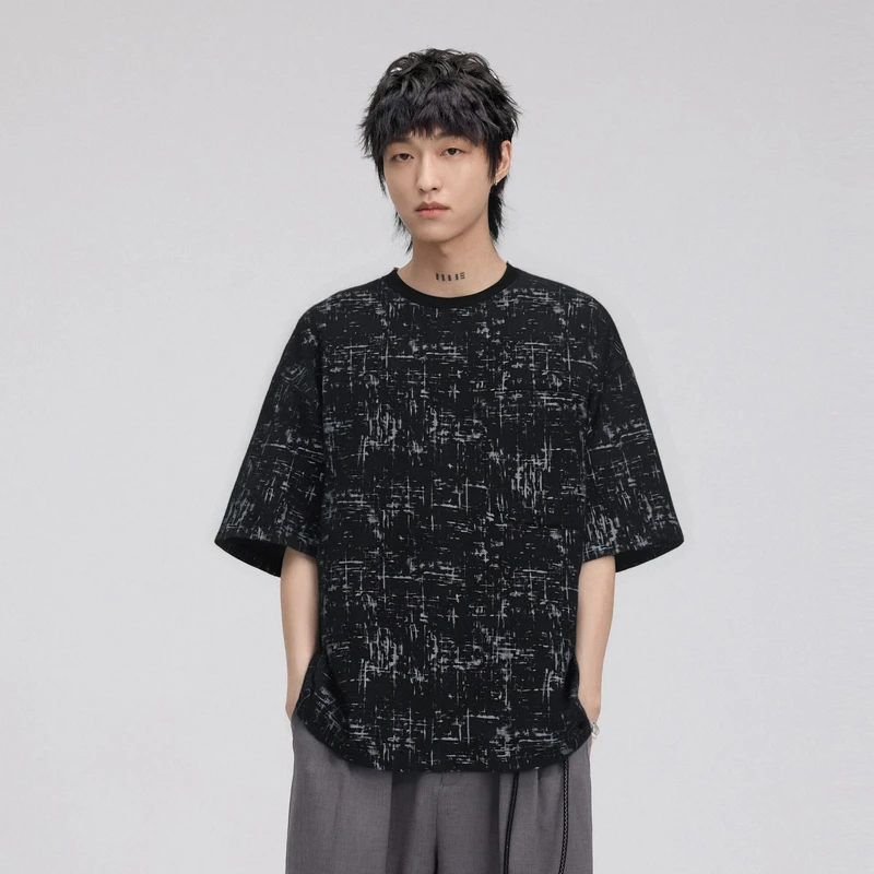 HERBEL/黑白夏季新款男士短袖T恤透气印花休闲百搭t恤舒适宽松男