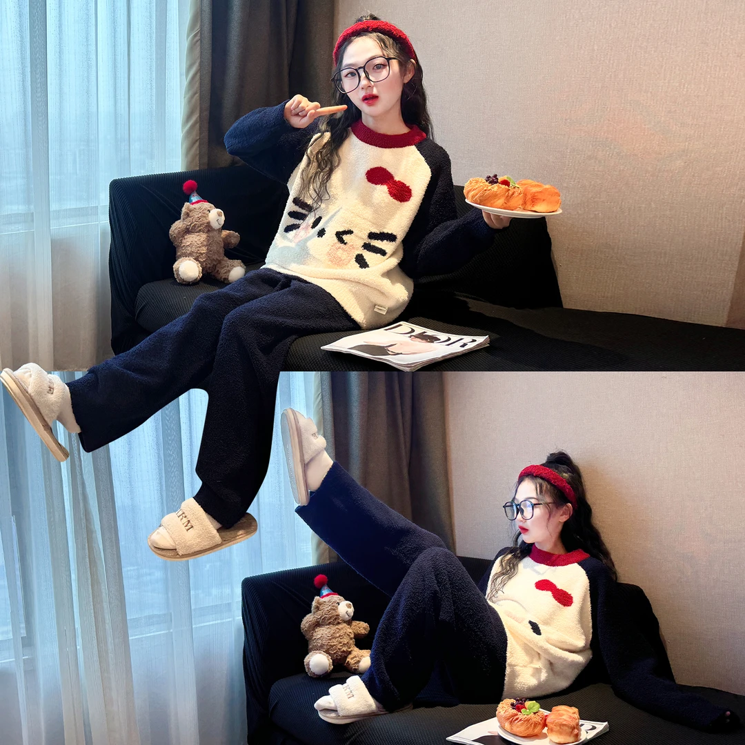 女童睡衣冬半边绒2025新款儿童女孩家居服大童秋冬长袖长裤套装