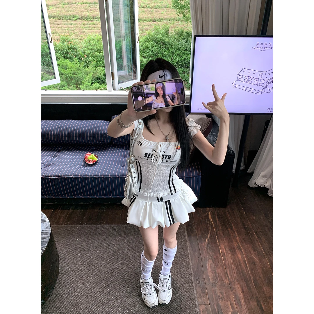 FuunJ◆blokecore barbie美式收腰吊带背心套装女花苞半身裙两件套