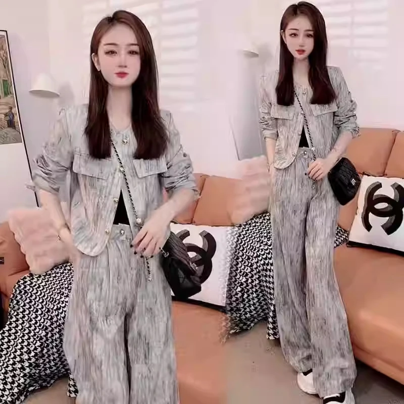 时尚套装女秋季新款洋气减龄显瘦扎染开衫短外套高腰阔腿裤两件套