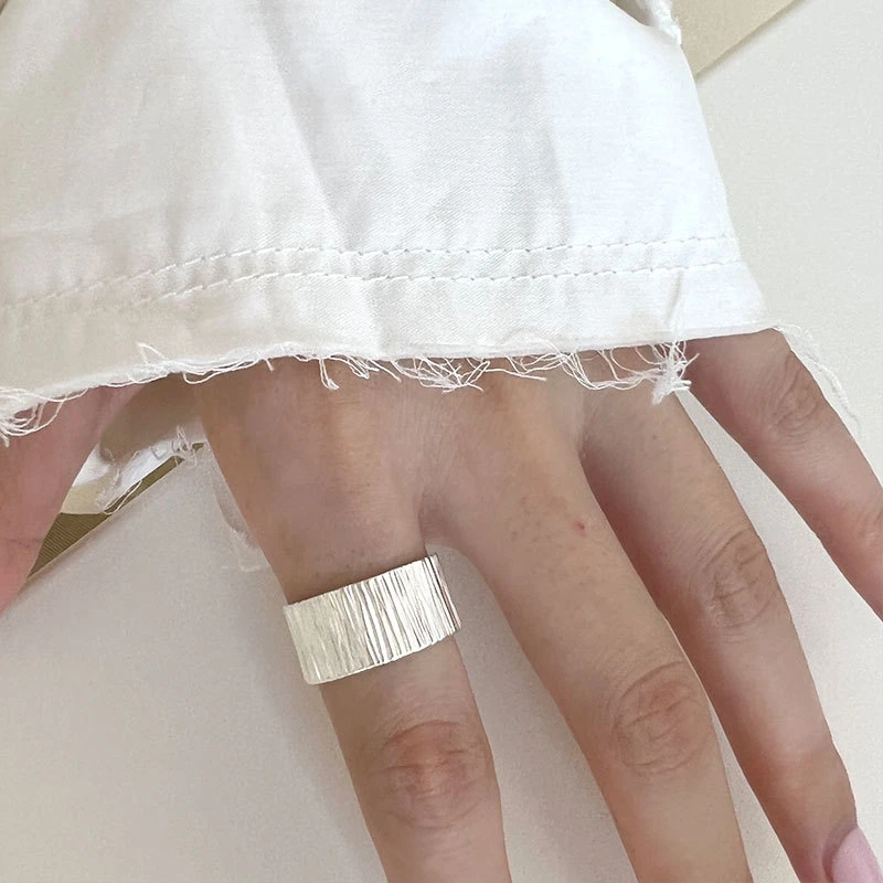 925银戒指 宽面戒指女925纯银光板亮银色纹理开口食指指环2022