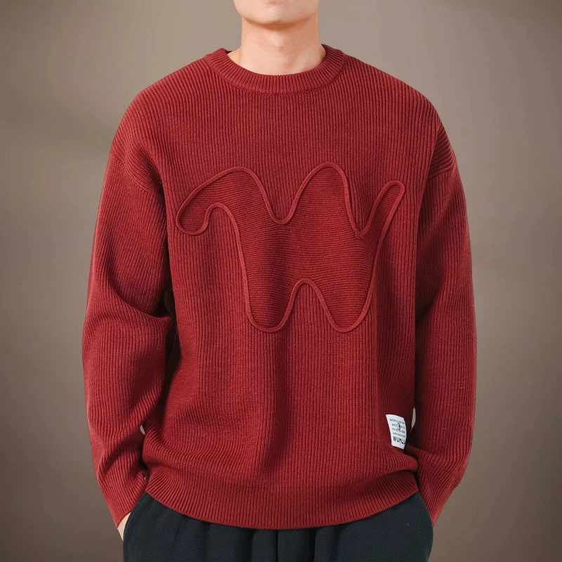 秋冬新款刺绣绘画创意套头衫慵懒风毛衣男士情侣红色针织衫毛线衣