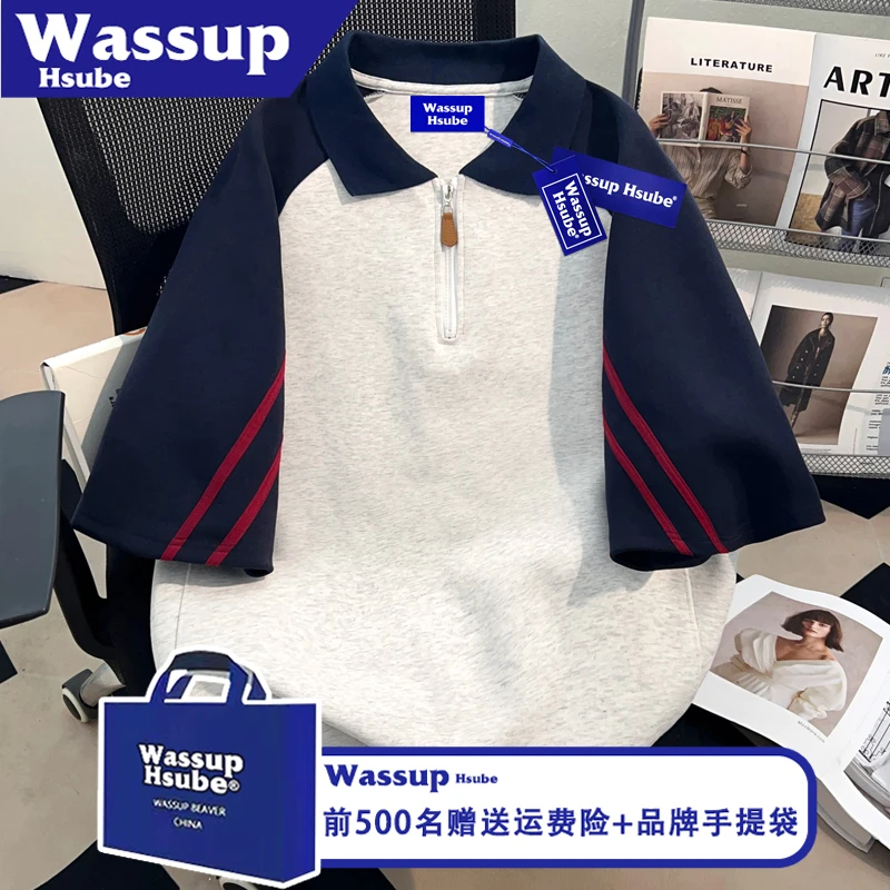 WASSUP HSUBE国潮牌纯色设计款短袖POLO衫ins夏纯棉T恤男女款半袖