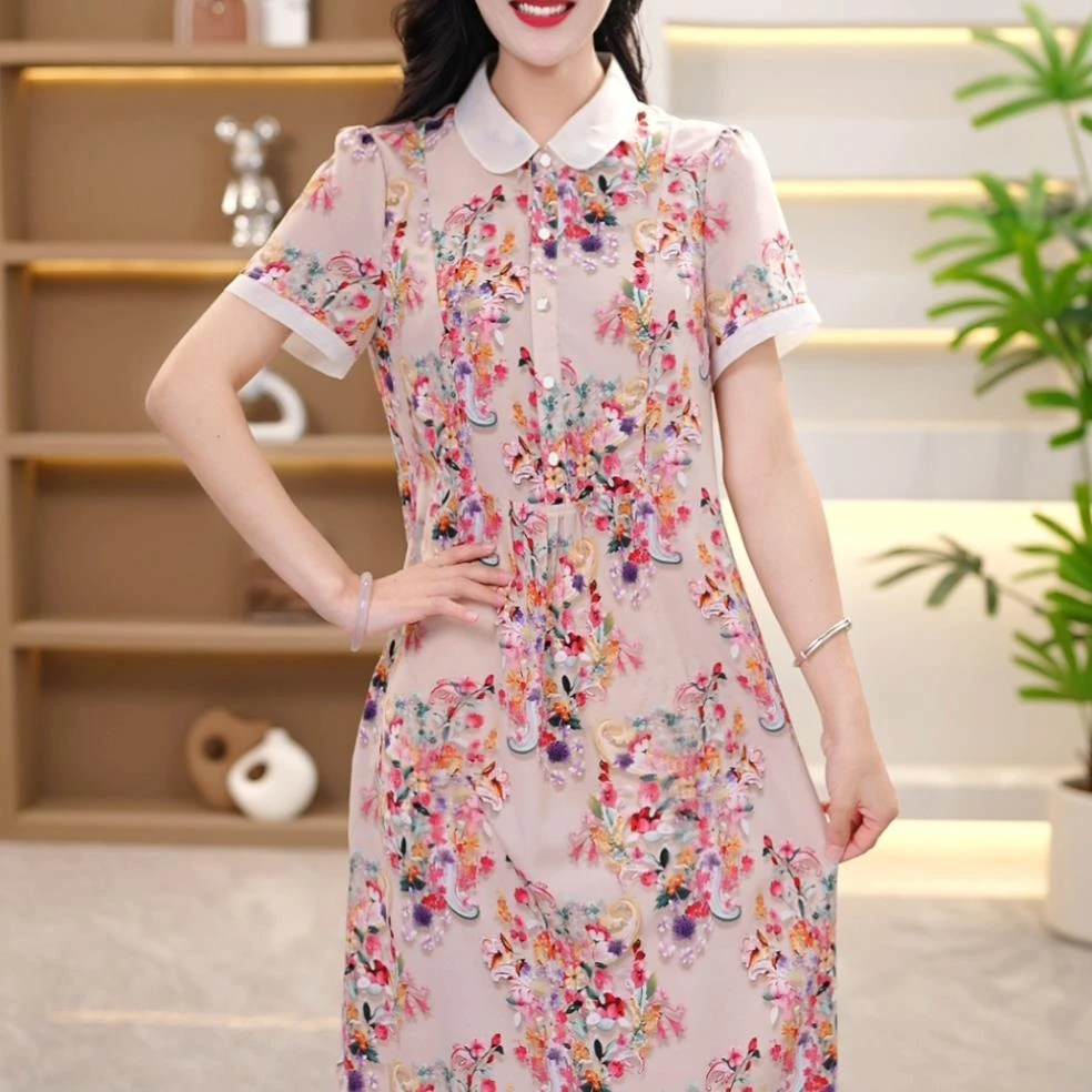 【SJYF592】春夏季连衣裙中长款气质中式收腰印花修身女装连衣裙