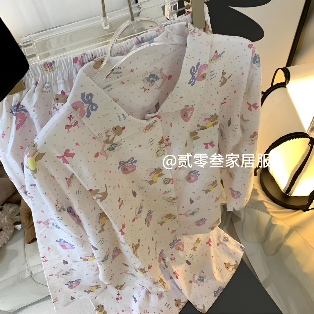 【丘比特小猫】韩版蛇年卡通透气印花睡衣女春季长袖学生舒适家居服