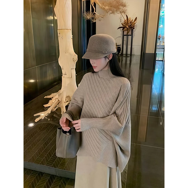 性感辣妹高领蝙蝠袖针织毛衣女秋季新款宽松显瘦高级感百搭上衣