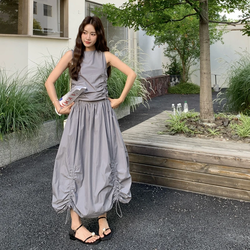 韩系穿搭一整套夏季女2025新款休闲风小众百搭通勤抽绳设计两件套