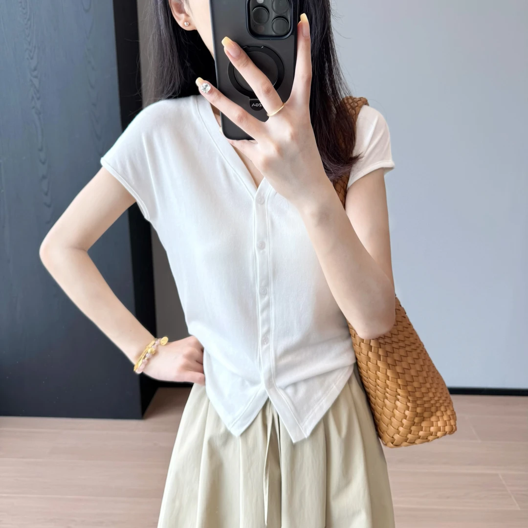天丝亚麻V领针织短上衣女舒适修身显瘦针织开衫夏新短袖宽松气质