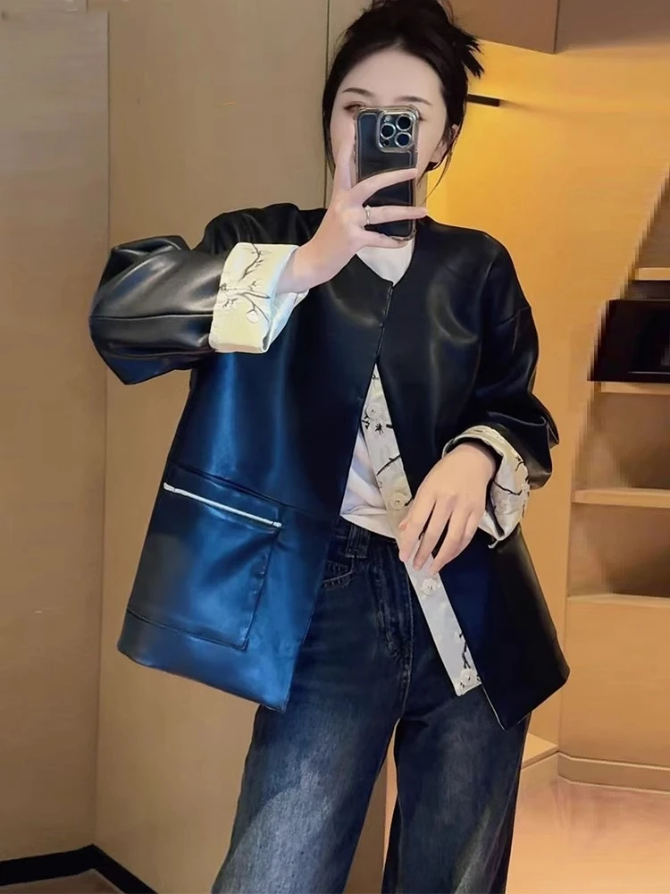 两面穿皮衣外套女欧货2025早春新款撞色中式国风刺绣提花夹克上衣