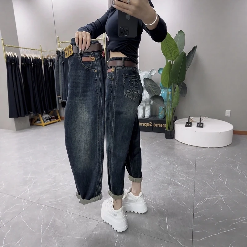 大码女装复古百搭直筒老爹牛仔裤女2025秋季新款高腰九分哈伦裤子