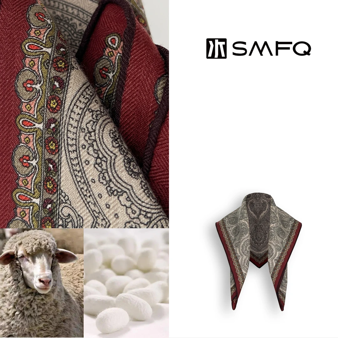 水木夫妻”罗马假日“”桑蚕丝羊毛 复古腰果花丝巾 气质双面方巾