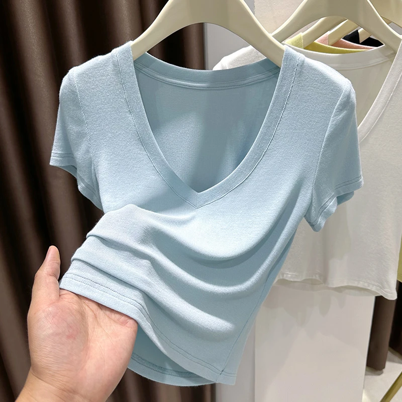 蓝色正肩V领针织上衣女夏季新款时尚洋气修身显瘦短款正肩短袖T恤