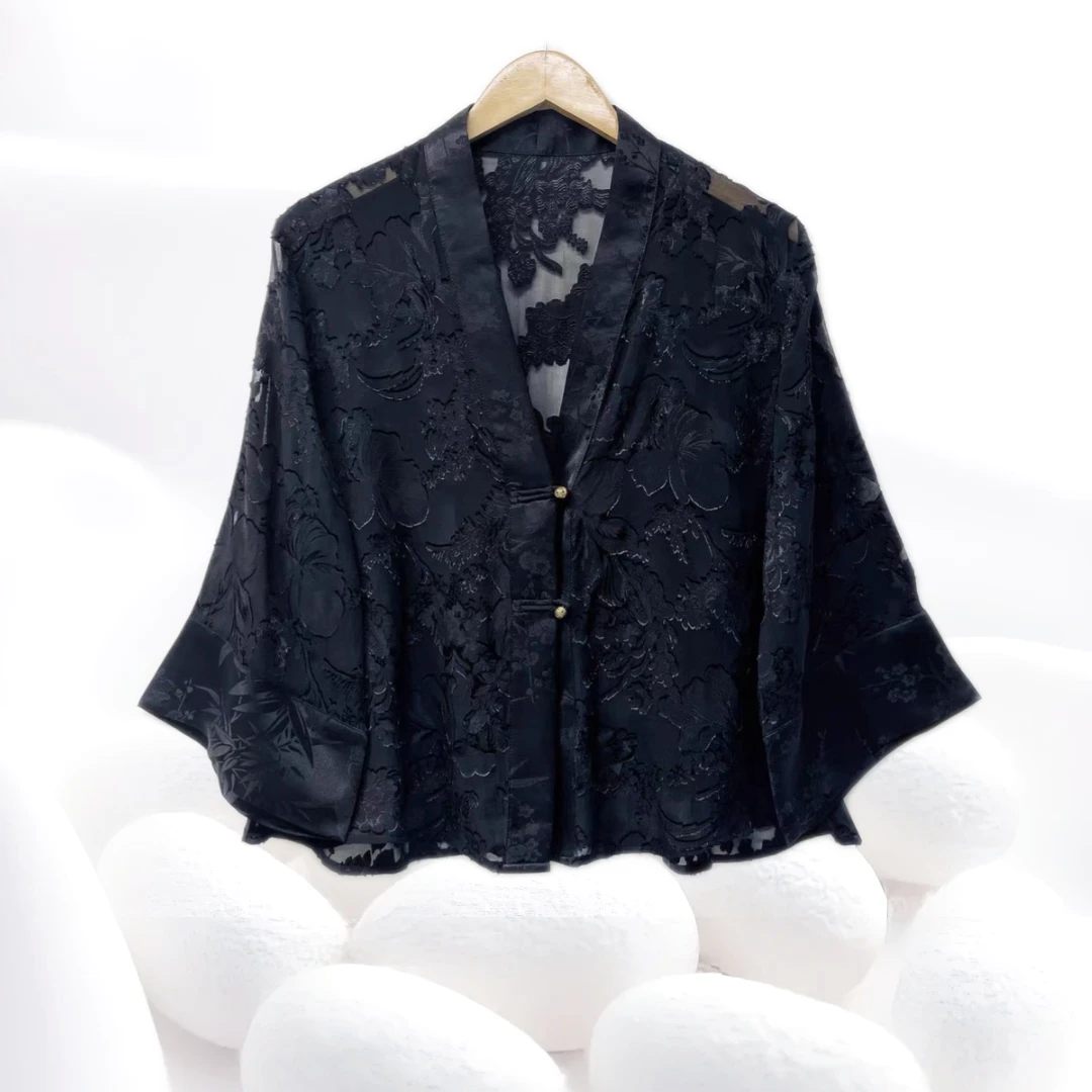 【剪花绡防晒上衣】100%桑蚕丝莨纱开衫凉爽手工盘扣长袖衫dz040