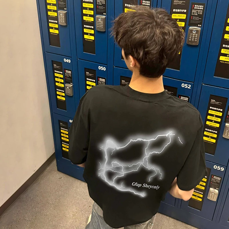 美式高街闪电印花短袖T恤男生夏季纯棉oversize宽松潮牌休闲上衣