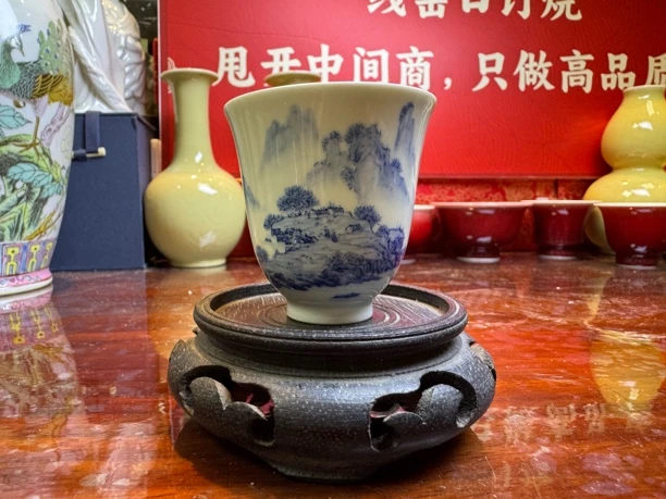 青花山水高足白瓷对杯铃铛杯茶杯杯子精美手绘瓷杯品茗杯茶具陶瓷