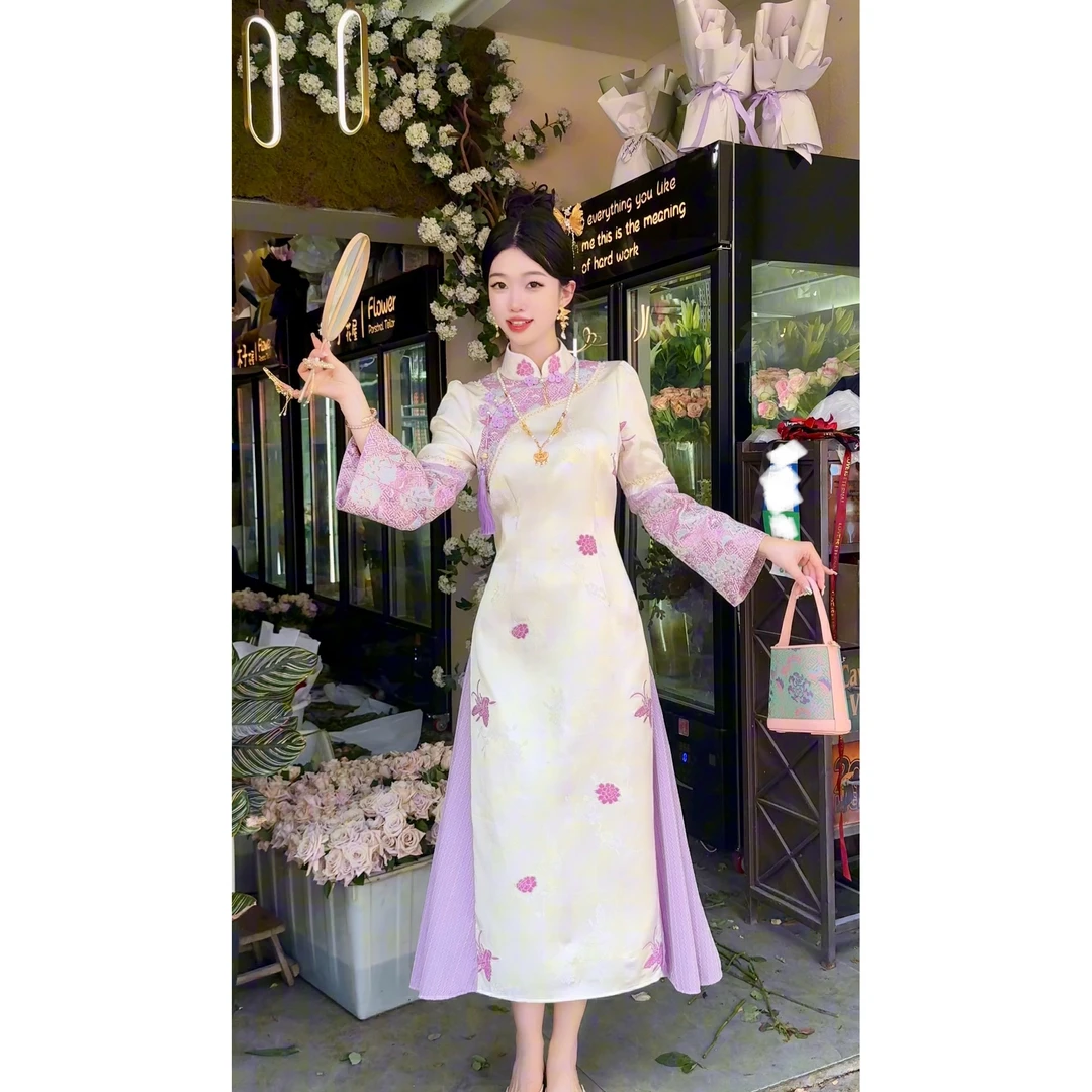 【媛珠 紫府千金】重工新宋锦拼接提花贵气旗袍连衣裙秋冬中长款
