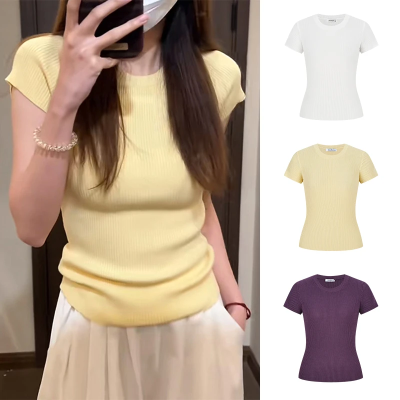 Moses Queen/魔西女王黄色针织短袖T恤女多巴胺穿搭修身短款上衣