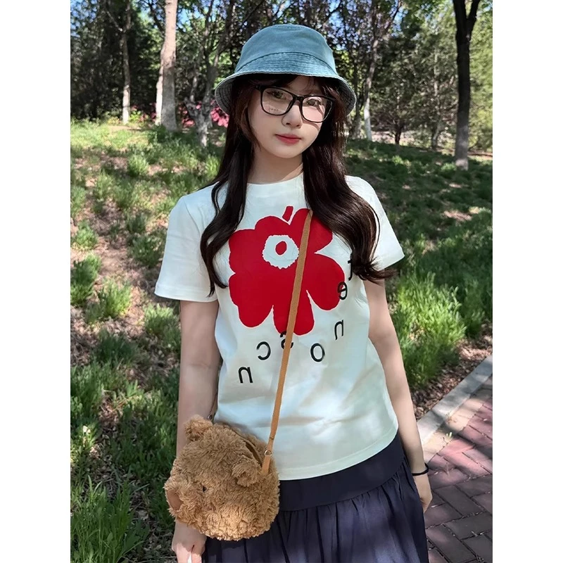 正肩短款印花t恤女夏季白色短袖修身显瘦休闲百搭设计感辣妹上衣