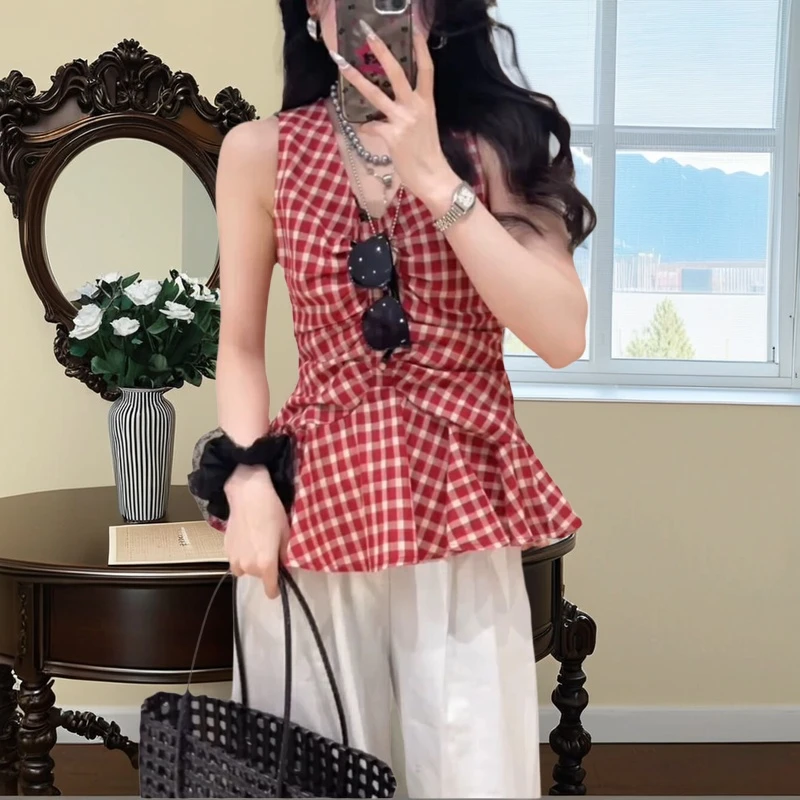 夏季韩版法式背心女海边显瘦辣妹无袖外穿上衣女甜美可爱短款衣服