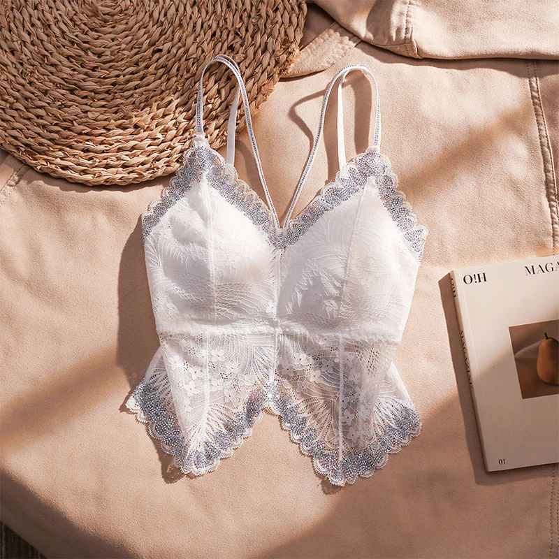 重工水钻高级感蕾丝吊带背心女夏外穿开叉短款交叉美背带胸垫上衣