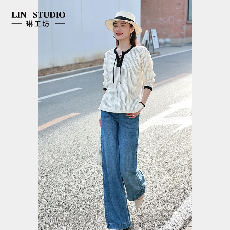 【100%棉】琳工坊“沙间”白色针织衫休闲时尚气质宽松显瘦唐琳设计师