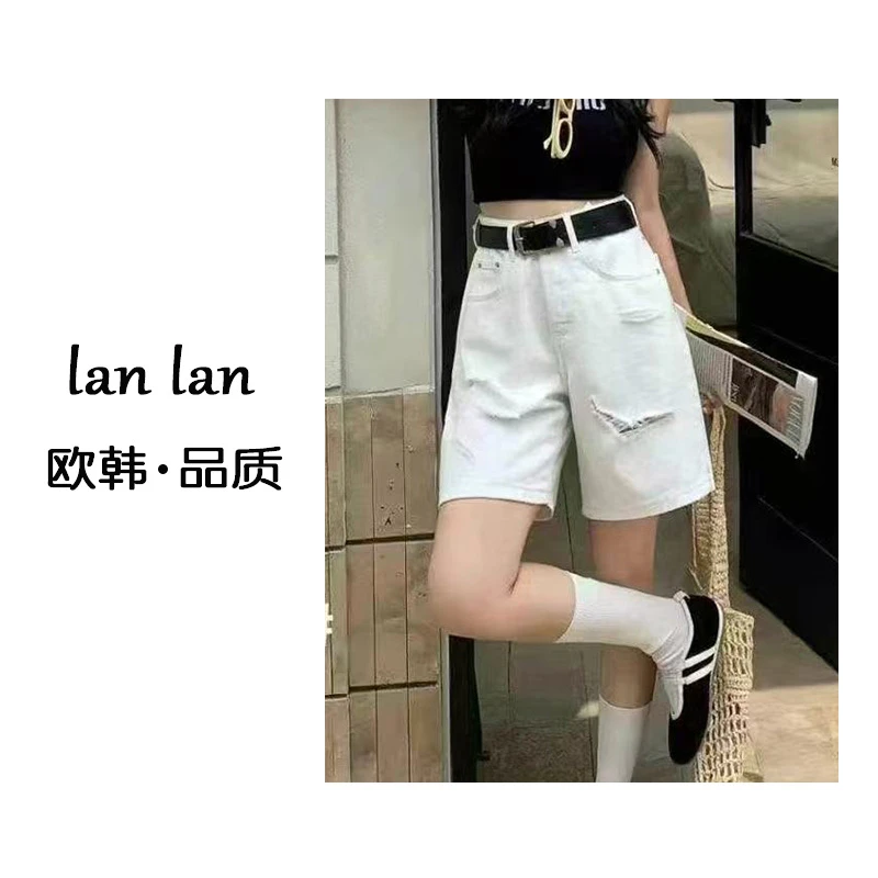 lanlan-夏上新【白色牛仔中裤】韩系高腰显瘦磨破牛仔中裤女百搭