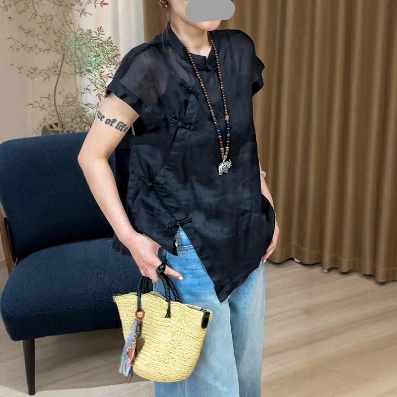 文艺复古盘扣立领斜襟短袖衬衫女2025夏季新款宽松显瘦百搭上衣潮