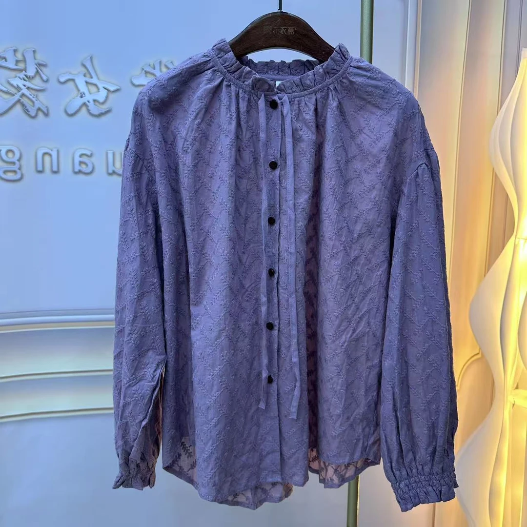 S8425 立领泡泡袖纽扣型夏季薄衬衫