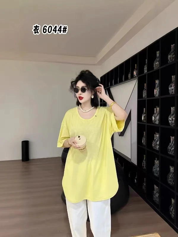 6044大码女装夏新款纯色百搭韩版宽松中长款下摆弧形U领短袖T恤女