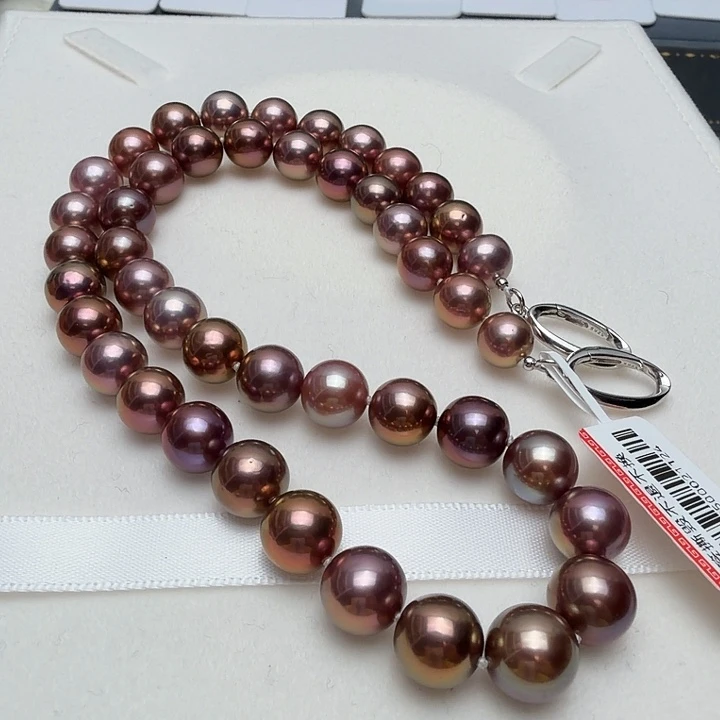 颈饰银S925镶嵌淡水珍珠8-10正圆拉菲酒红糖果