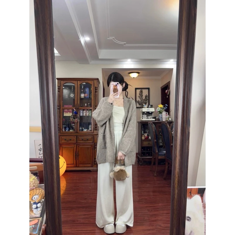 慵懒风软糯休闲百搭针织衫上衣开衫秋季新款白色高腰垂感长裤套装