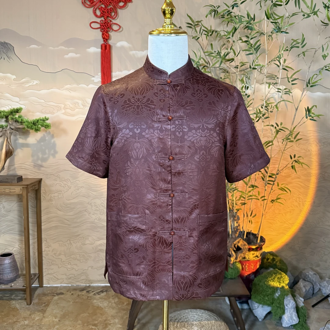 馨蕴古玥  红云纱双面穿佛手莲花绫短袖 新中式男士唐装立领上衣