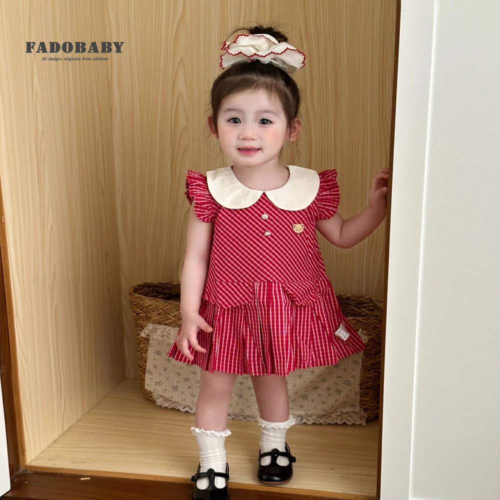 女童学院风连衣裙夏装2025新款女宝宝洋气娃娃领格子公主裙背心裙