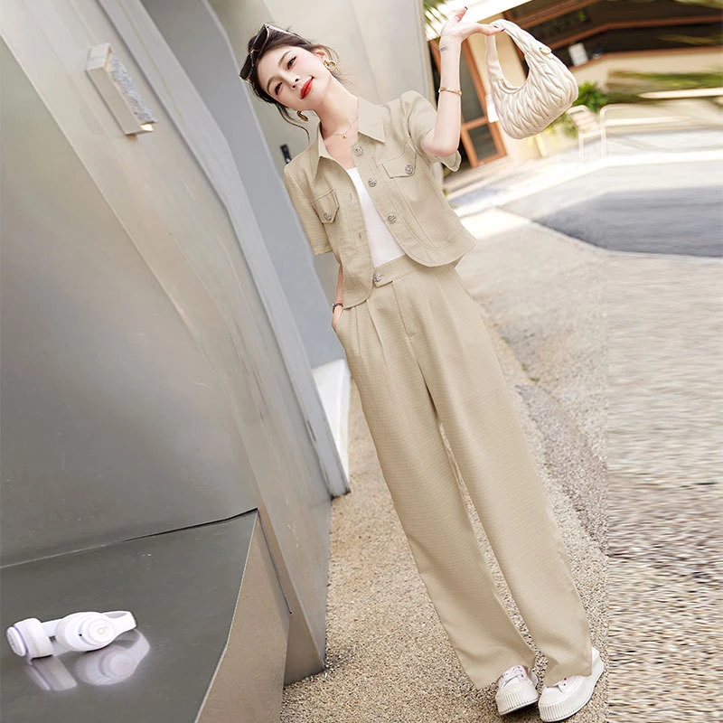 现货夏季小香风套装女2024新款轻熟御姐范宽松直筒阔腿裤两件套