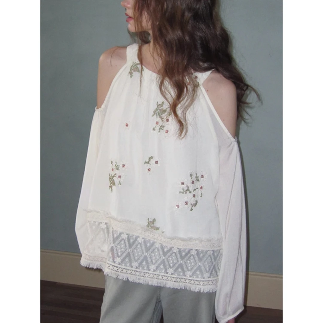 文艺复古刺绣拼接露肩衬衫法式小众温柔设计感气质上衣女早秋新款