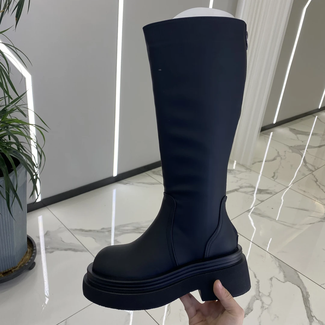 6279-8没有拉链复古棕色口堆堆中筒长靴女鞋2024春秋冬季方头长