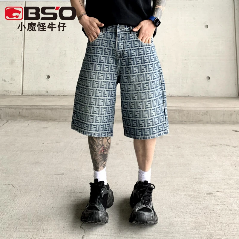 小魔怪美式高街提花男士牛仔短裤潮牌宽松直筒夏季五分裤潮流中裤