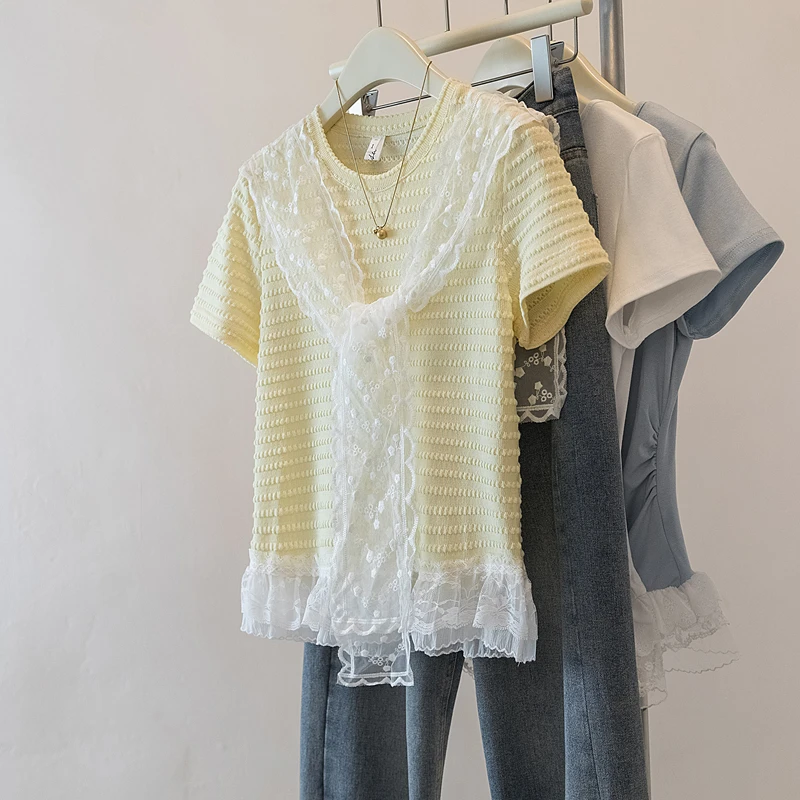 黄色蕾丝披肩短袖T恤女夏2025夏季新款拼接设计感圆领体恤短上衣