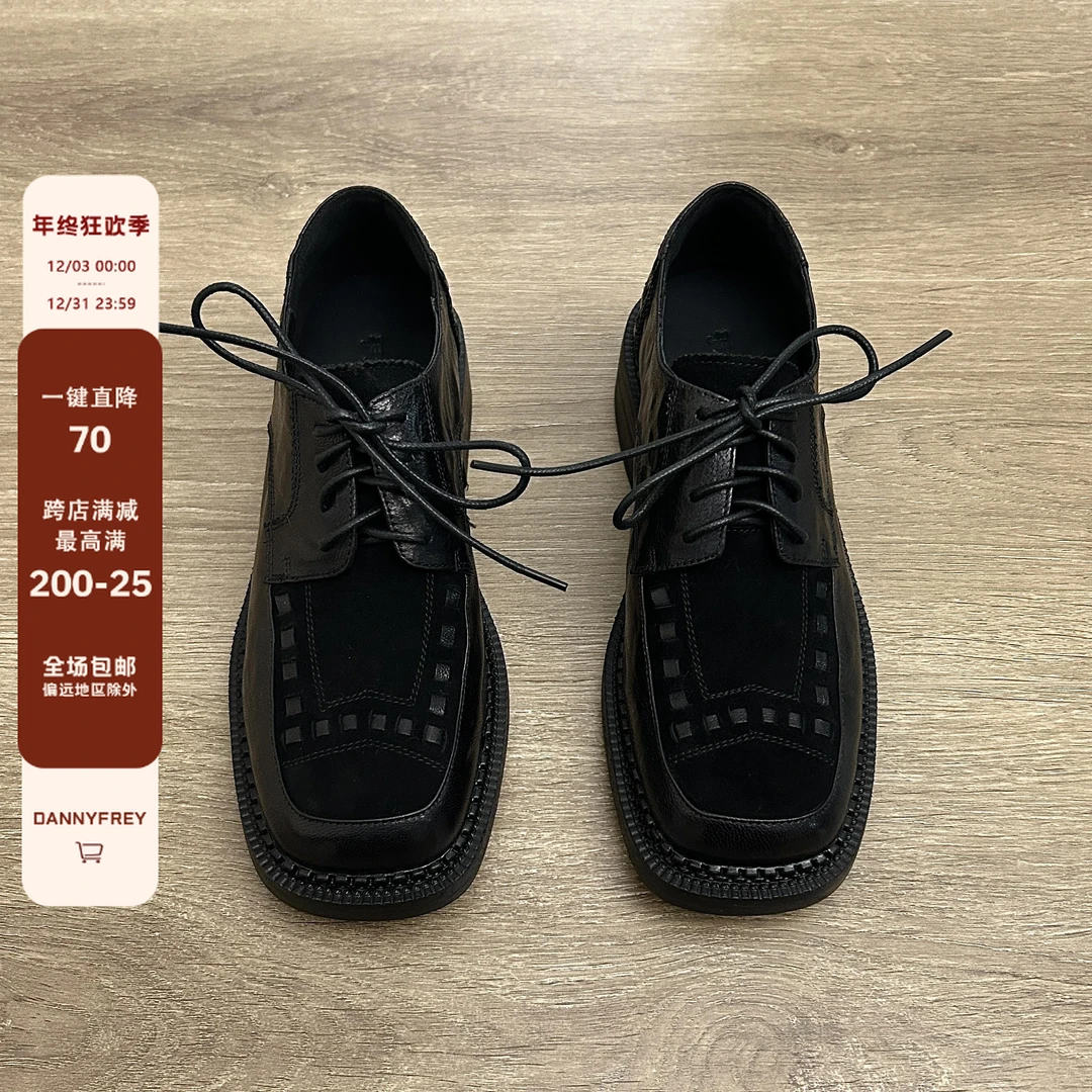 Dannyfrey乐福鞋低跟纯色春季日系英伦风皮鞋圆头单鞋系带黑色
